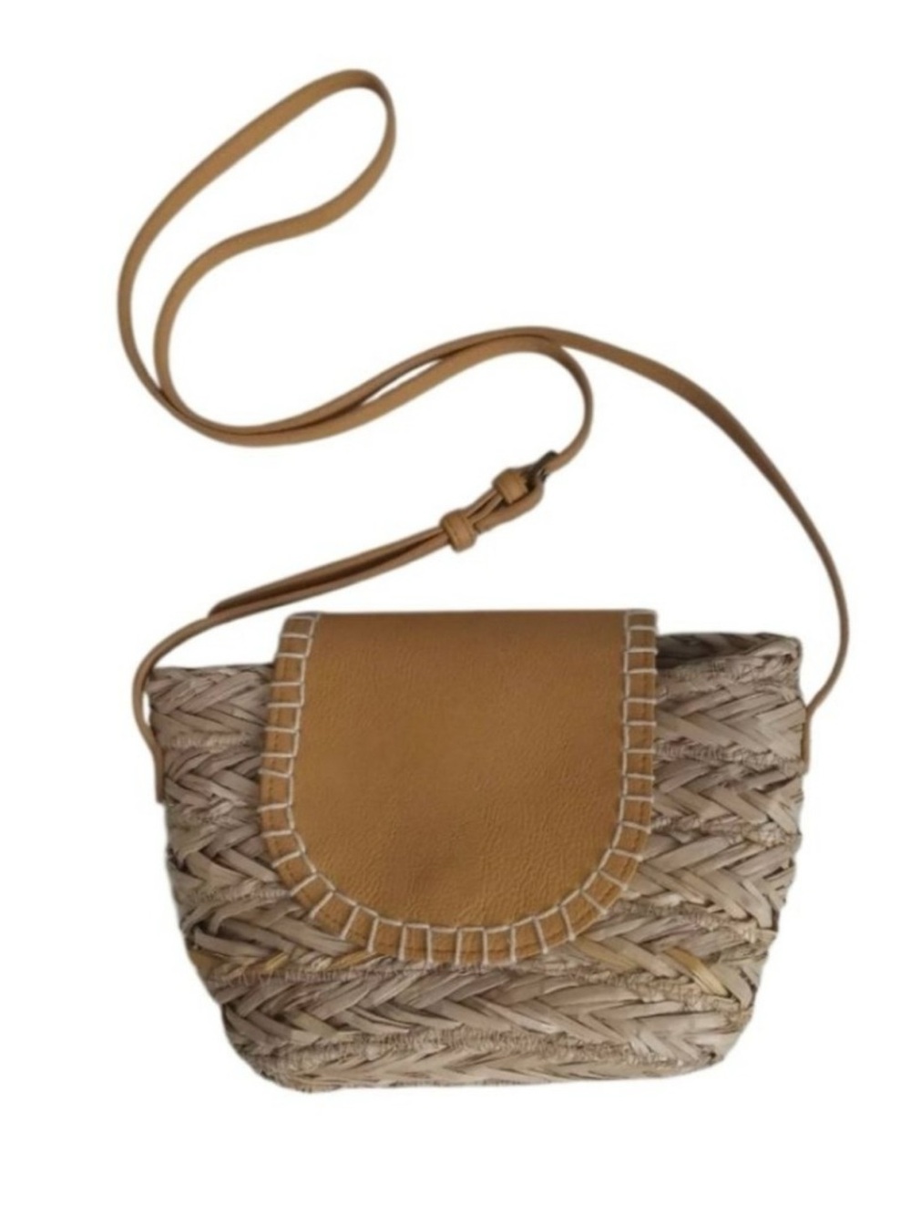 Woven Straw Crossbody Bag with Tan Leather Flap